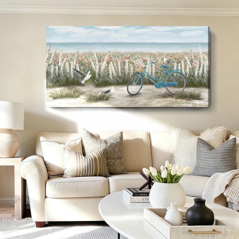 Photo 1 of Canvas Wall Art for Living Room Boho Beach Coastal Floral Print Seaside Blue Bicycle with Pink Flowers Seagull Seascape Painting Seashore Wildflower Landscape Vintage Farmhouse Decor Artwork 48x24inch