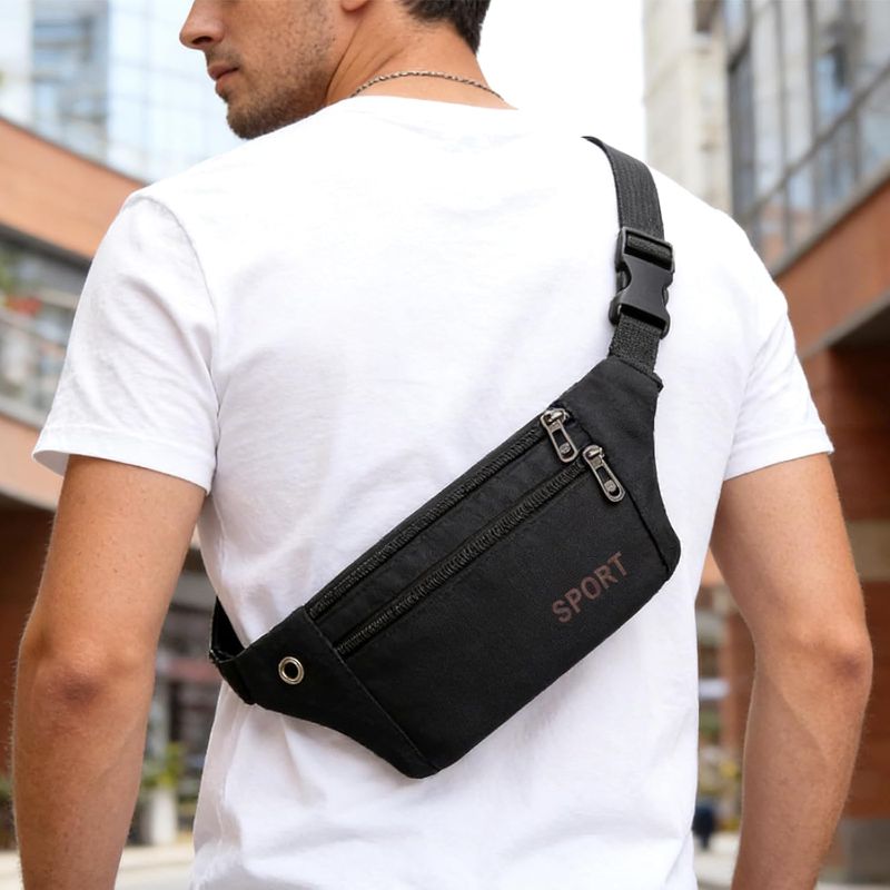 Photo 1 of  Unisex Canvas Waist Packs - Waterproof Fashionable Hip Bag, Adjustable Shoulder Strap, Sports Crossbody Bag, Suitable For Travel, Running, Hiking(Black) 
