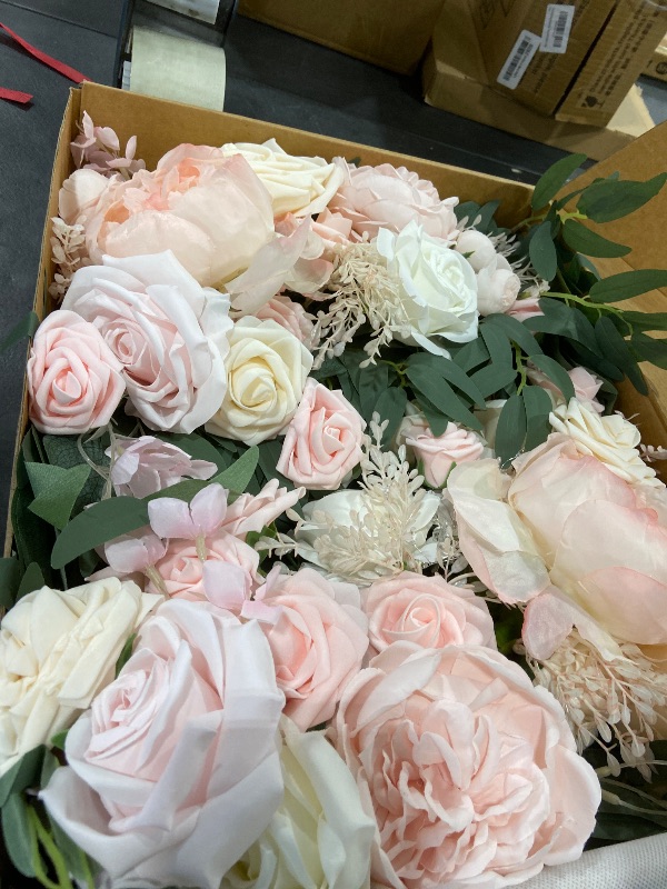 Photo 1 of Ling's Moment Pink White Artificial Wedding Arch Flowers Kit Pack of 4, 2pcs Hanging Flower Arrangement 2pcs Chiffon Drapes Ceremony Reception Silk Rose Arbor Backdrop Floral Garden Outdoor Decoration