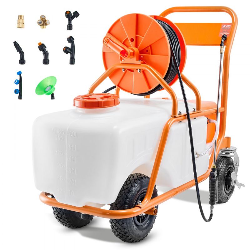 Photo 1 of VEVOR Battery Powered Lawn Sprayer on Wheel, 0-90 PSI Adjustable Pressure, 15 Gallon Tank, Cart Sprayer with 8 Nozzles and 2 Wands, 12V 12Ah Battery, Wide Mouth Lid for Weeding, Spraying
