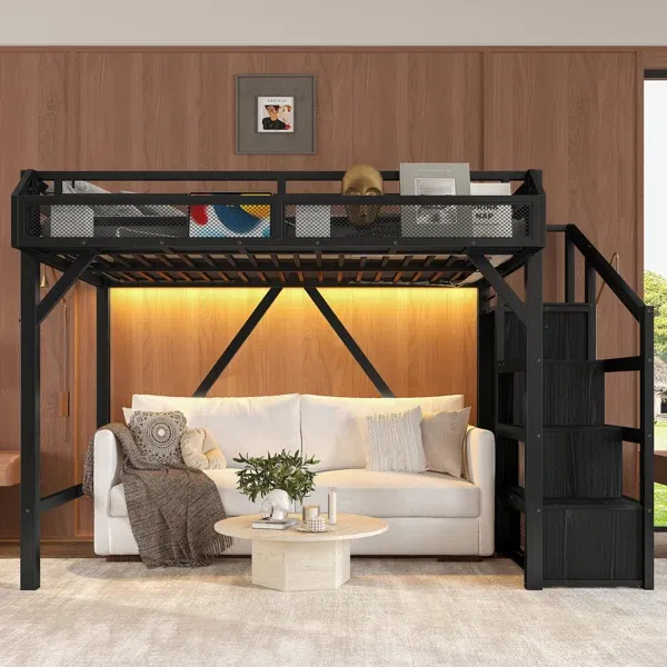 Photo 1 of Twin XL Metal Loft Bed with Storage Stairs, Built-in Wardrobe & Shelves, USB Ports, LED Lights, Noise-Reduced Design, Black
