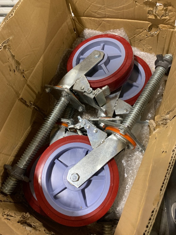 Photo 1 of Colingmill 4 Pack 8 Inch Adjustable Leveling Scaffolding Wheels Scaffolding Caster Wheels with Brake 1-1/5" Od Scaffold Screw Swivel Casters Locking Set