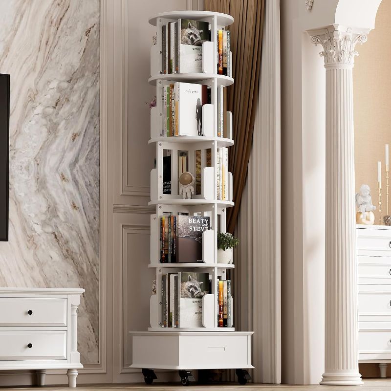 Photo 1 of JIAWORLDER 72" Solid Wood Rotating Bookshelf Tower on Wheels, 5-Tier Spinning Bookcase with Drawer, Floor Standing Revolving Bookshelf, Rotating Bookcase for Small Space, White