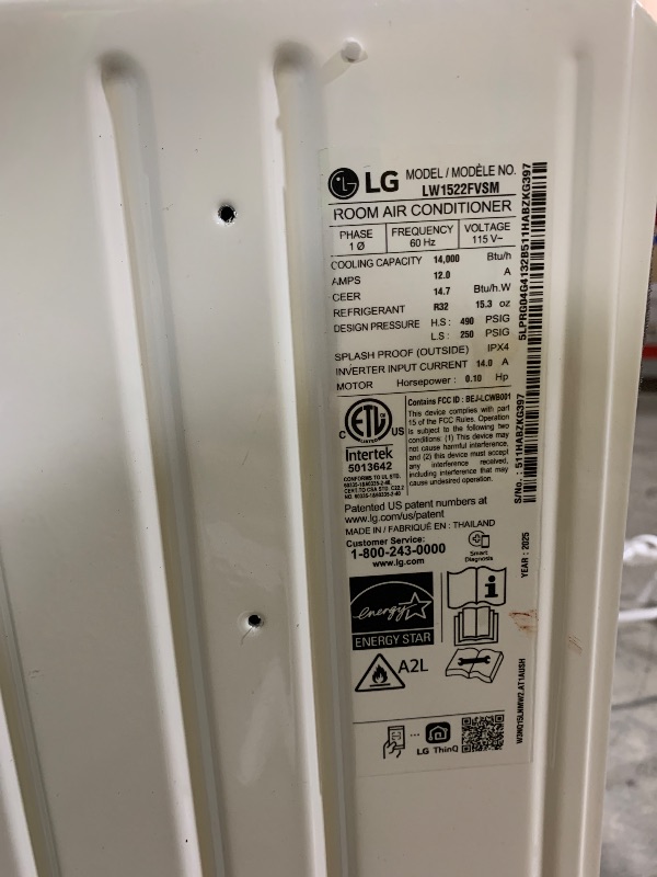 Photo 1 of LG 14000 BTU Window Air Conditioner Energy Saving Dual Inverter Remote Control WiFi Enabled Works w/LG ThinQ, Alexa Washable Filer Ultra-Quiet Cools 700 Sq.Ft. for Large Room AC Unit White LW1522FVSM