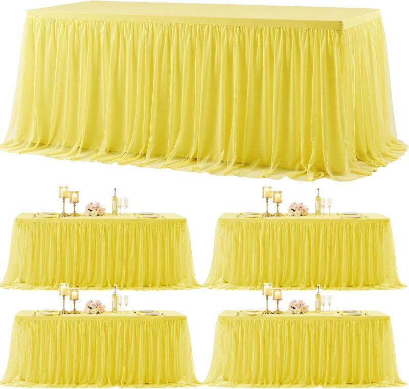 Photo 1 of 4 Pack Yellow Tulle Tablecloth for 8 Foot Rectangular Tables 8ft Yellow Rectangle Table Cloths Wrinkle Free Table Cover with Tutu Skirt for Birthday Cocktail Banquet Buffet Lemon Fruit Party Decor