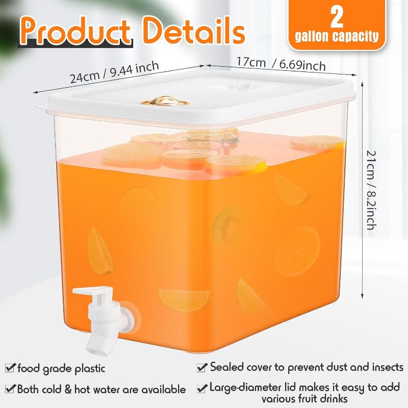 Photo 1 of 1 Pack 2 Gallon Drink Dispenser for Fridge with Spigot Water Dispenser Leak Proof Lids Filter Screen Beverage Juice Container Sealed Plastic Lemonade Milk Cold Hot Drink Tea Jug for Party
