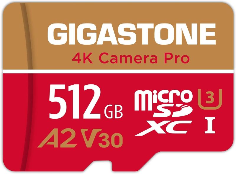 Photo 1 of ?5-Years Data Recovery? GIGASTONE 512GB Micro SD Card, 4K Camera Pro, A2 V30 for Smartphone, Gopro, Action Cams, 4K UHD Video Recording, R/W up to 150/120 MB/s, UHS-I U3 C10 Class 10 with Adapter