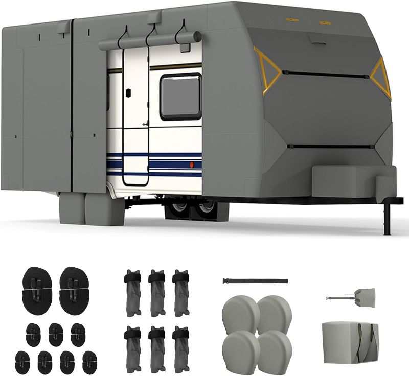Photo 1 of  Travel Trailer Cover, Upgraded 8 Layers Top UV Resistant Motorhome Toy Hauler & Camper Cover with 4 Tire Cover & Tongue Jack Cover Extra Windproof Ropes