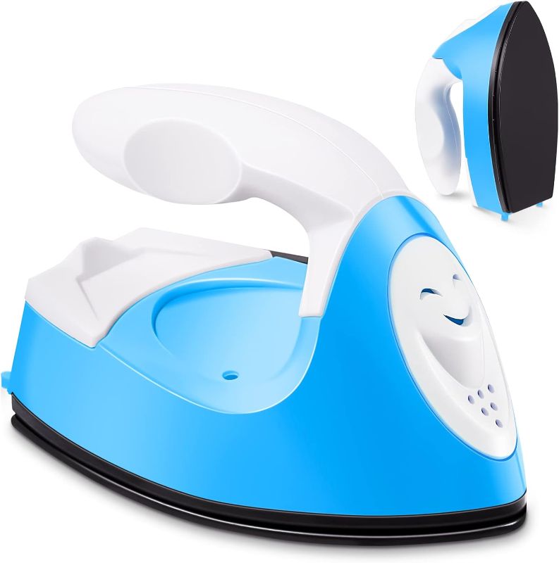 Photo 1 of **3 PACK/ GREEN, WHITE AND BLUE***  3 PACK Mini Craft Iron Mini Heat Press Small Iron 3.93 x 2.36 x 2.76 in Portable Handy Tiny Flatiron with Charging Base Accessory for Fuse Bead Patch DIY Heat Transfer Vinyl(Blue)
