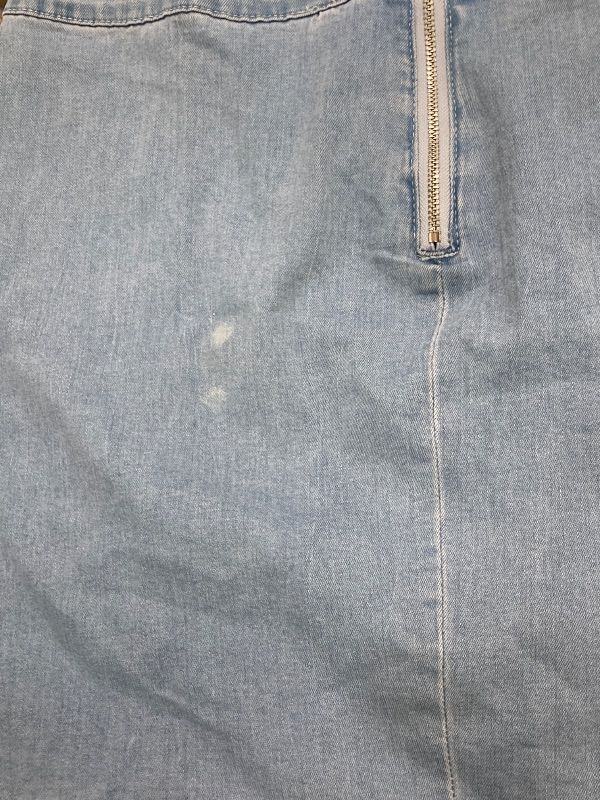 View 4 of ***DAMAGE BLEACH SPOT ON BACK*** Luvamia Jean Skirt for Women - High Waisted Bodycon Stretch Pencil Mini Denim With Slit - Country Concert Outfits Y2K Style - Size X-Large 16 18