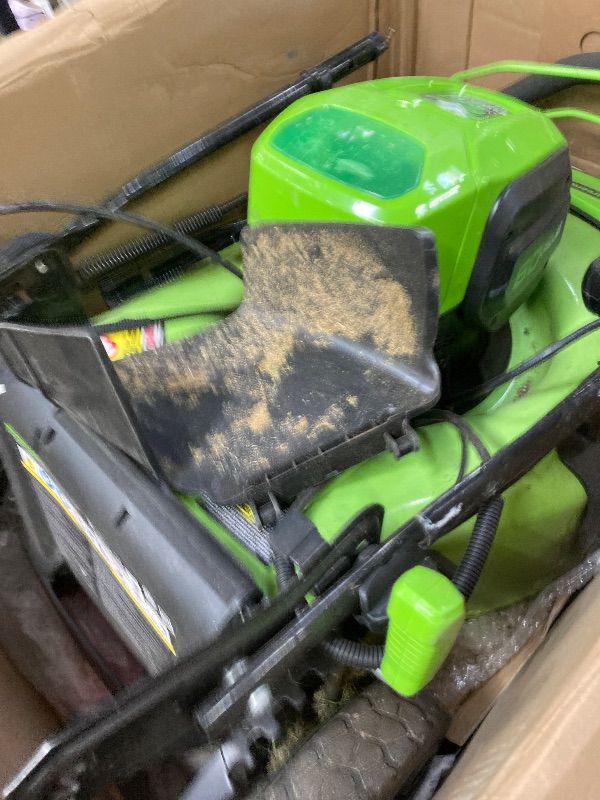 Photo 1 of ***BATTERY, BLOWER, CHARGER-TRIMMER  NOT INCLUDED******MOWER ONLY***DAMAGED PARTS ONLY***Greenworks 80V 21” Brushless (Push) Cordless Electric Lawn Mower