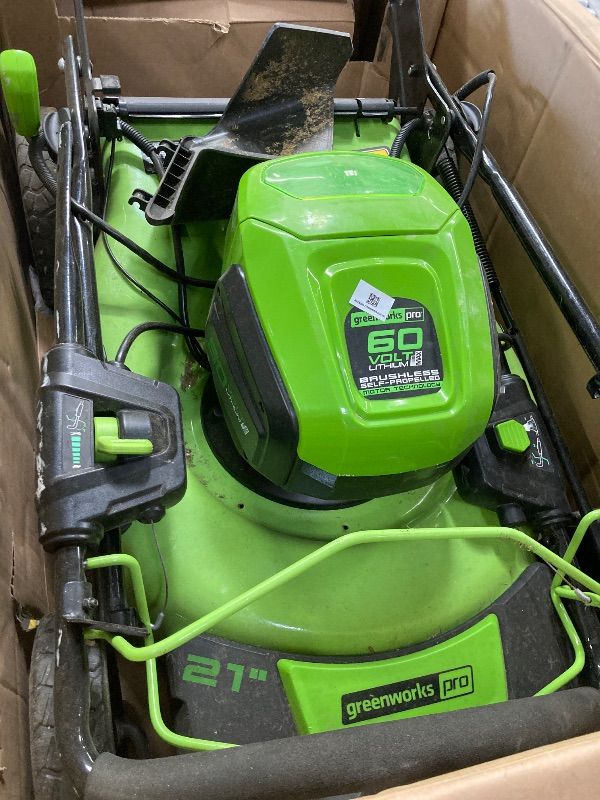 Photo 1 of ***BATTERY, BLOWER, CHARGER-TRIMMER  NOT INCLUDED******MOWER ONLY***DAMAGED PARTS ONLY***Greenworks 80V 21” Brushless (Push) Cordless Electric Lawn Mower