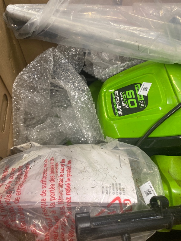 Photo 1 of ***BATTERY, BLOWER, CHARGER-TRIMMER  NOT INCLUDED******MOWER ONLY***DAMAGED PARTS ONLY***Greenworks 80V 21” Brushless (Push) Cordless Electric Lawn Mower