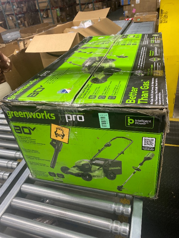 Photo 1 of ***BATTERY, BLOWER, CHARGER-TRIMMER  NOT INCLUDED******MOWER ONLY***DAMAGED PARTS ONLY***Greenworks 80V 21” Brushless (Push) Cordless Electric Lawn Mower