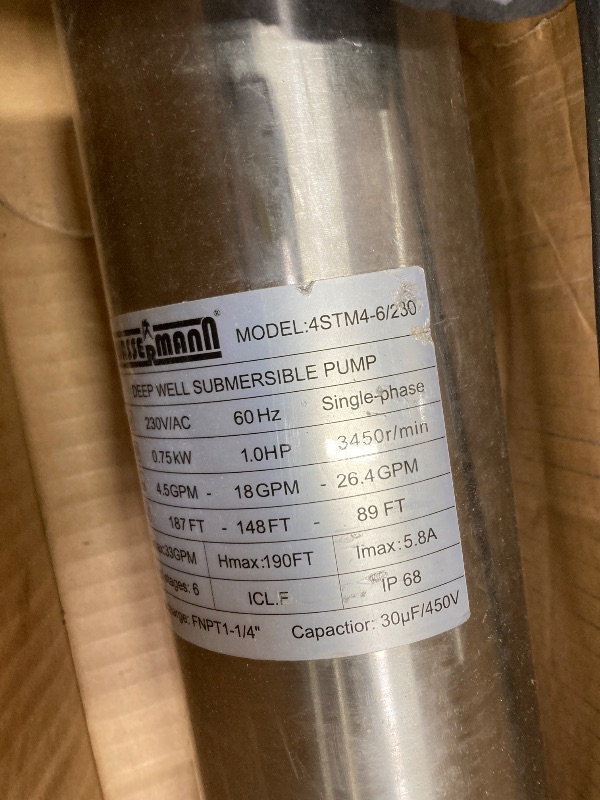 Photo 1 of *Scratches* WASSERMANN 4" Deep Well Submersible Pump with 10FT Cable, 1HP, 230V/60HZ, 33GPM, 190FT Head, Stainless Steel Submersible Well Pumps Borehole Water Pump for Home, Factories, Irrigation, Farmland