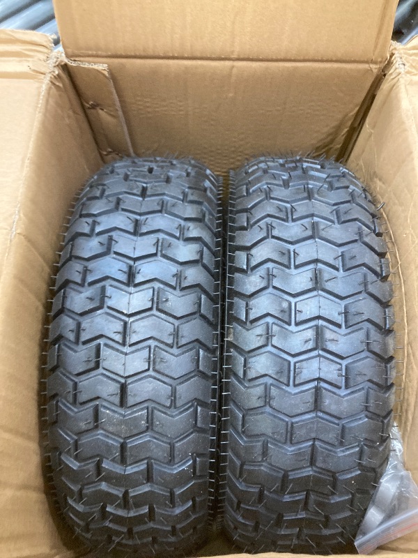 Photo 1 of (2-Pack) 16x6.50-8 Pneumatic Tires on Rim - Universal Fit Lawn Mower and Yard Tractor Wheels - With Chevron Turf Treads - 3" Centered Hub and 3/4" Bushings - 396 lbs Max Weight Capacity