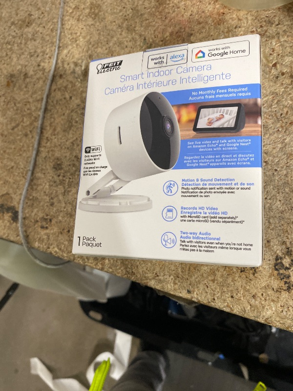 Photo 1 of **MISSING CAMERA STAND**Feit Electric Indoor Security Camera with Motion Detection, 30ft. Night Vision, 360° Adjustable Head, 2.4GHz WiFi, 2-Way Audio, 1080p HD, Works with Alexa & Google Asst, Plug-in, White - CAM1/WIFI