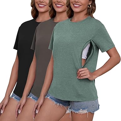 Photo 1 of ***STOCK PHOTO FOR REFERENCE ONLY, BLACK SHIRT IS LARGE, OTHER SHIRTS ARE SMALL***Ekouaer Womens Nursing Tops 3 Pack Short Sleeve Ribbed Breastfeeding Shirts Double Layer Maternity Shirt Pregnancy Clothes Black/Grey/Grey Stripes S