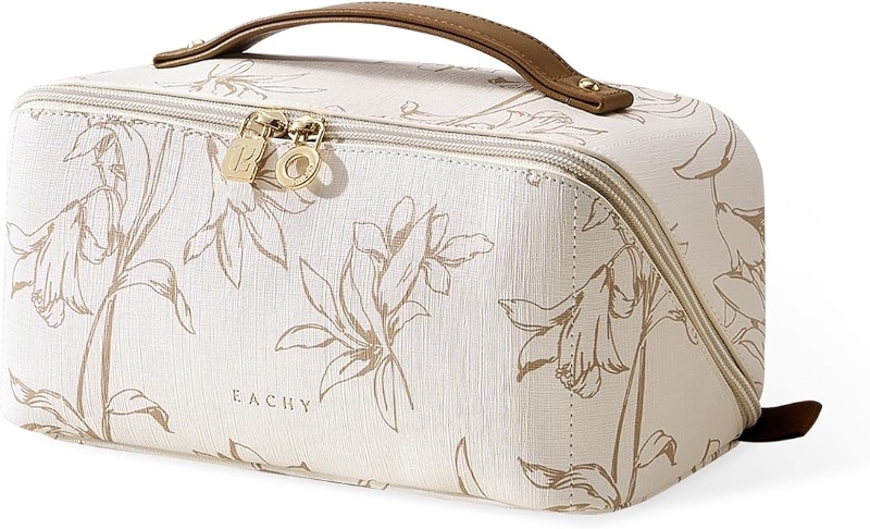 Photo 1 of  Makeup Bag, Large Capacity Cosmetic Bags for Women, Waterproof Portable Pouch Open Flat Toiletry Bag Pattern Make up Bag (F-Beige)
