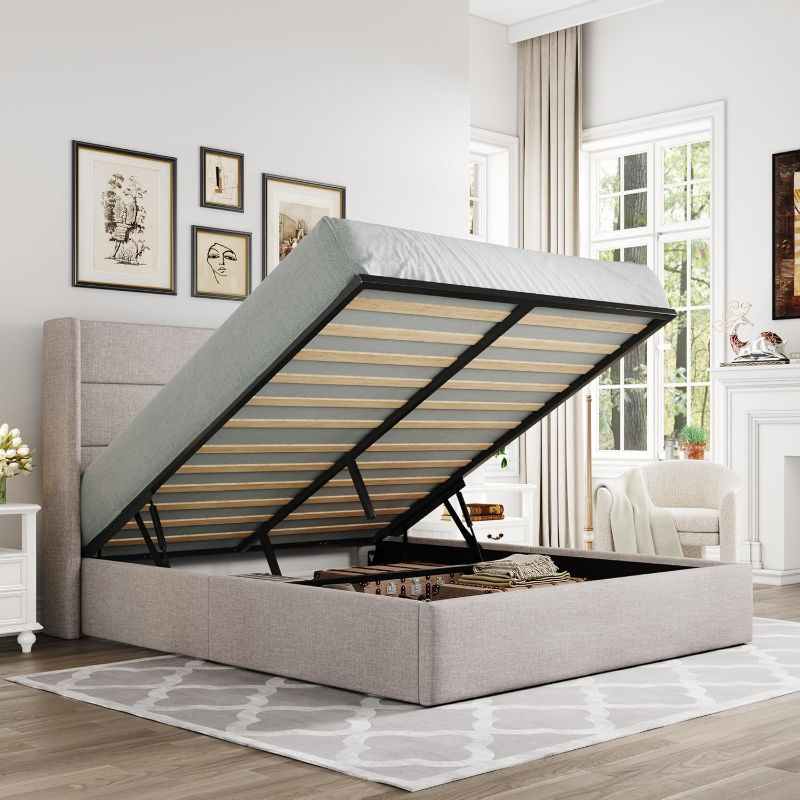 Photo 1 of ***PARTIAL SET - PRICE ADJUSTED***
Allewie Full Size Lift Up Storage Bed, Modern Wingback Headboard, Hydraulic Support, No Box Spring Needed, Light Beige