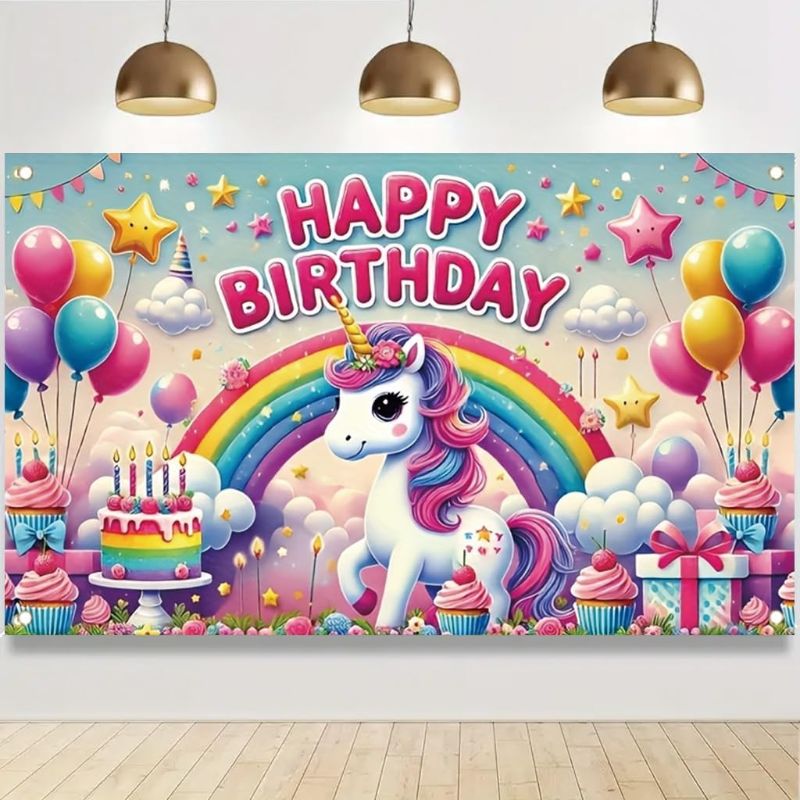 View 1 of ***STOCK PHOTO FOR REFERENCE ONLY***omhong Unicorn Happy Birthday Banner 71x43 inch Rainbow and Flower Decoration for Girls KidsBirthday Party Indoor Outdoor Magical Celebration Decor 2 PACK