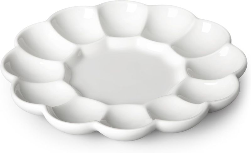 Photo 1 of  Ceramic Deviled Egg Tray & Platter, Holds 12 Halves, Easter Egg Holder, 10-Inch Round White Egg Serving Plate, Dishwasher & Microwave Safe, Perfect for Holiday Dinner, Picnic & Daily Use