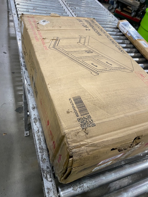 Photo 1 of *************INCOMPLETE ITEM, MISSING BOX #2 BOX IN SET*****************
53" Large Kitchen Island with 3.5" Thick Desktop, Spice and Towel Racks, Rolling Kitchen Island with Storage on 5 Wheels, 2 Extra-Large Drawers, for Home, Kitchen, Dining Room, White