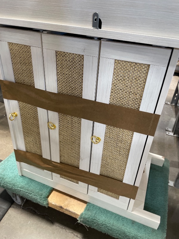 Photo 1 of **PARTS ONLY** BouPower White Nightstand Set of 2, Rattan Bedside Table with Golden Handle, 3 Drawers Nightstands, Large Wicker Side Table, Boho Wood Night Stand for Bedroom, Living Room