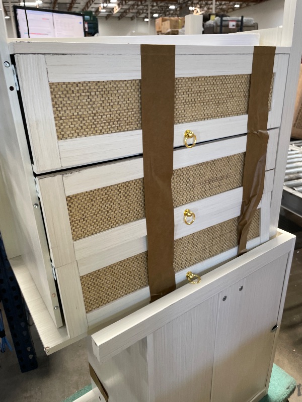 Photo 1 of **PARTS ONLY** BouPower White Nightstand Set of 2, Rattan Bedside Table with Golden Handle, 3 Drawers Nightstands, Large Wicker Side Table, Boho Wood Night Stand for Bedroom, Living Room