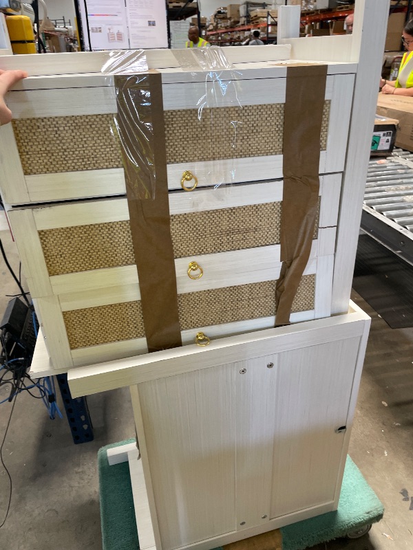 Photo 1 of **PARTS ONLY** BouPower White Nightstand Set of 2, Rattan Bedside Table with Golden Handle, 3 Drawers Nightstands, Large Wicker Side Table, Boho Wood Night Stand for Bedroom, Living Room
