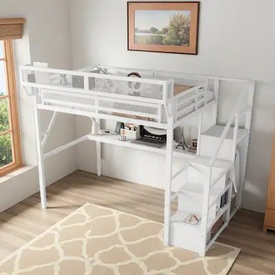 Photo 1 of ****PARTS ONLY PARTIAL SET *** White Full Loft Beds with Storage Wardrobe and Beside Shelves, Metal Loft Bed Full with Stairs, LED Lights and USB Ports, Heavy-duty Loft Bed Frame for Teens, Adults, Noise-free and Space-saving, white**