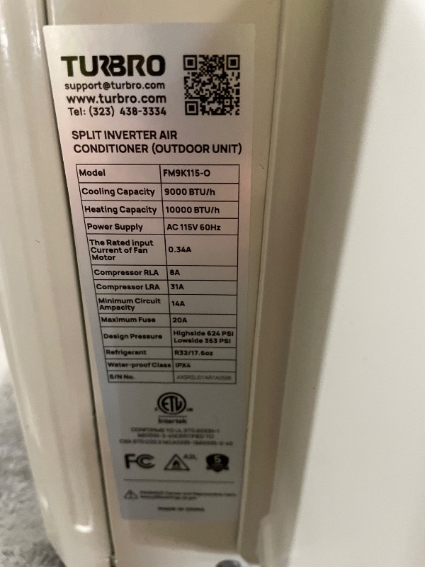Photo 1 of **COMPRESSOR ONLY** TURBRO 9,000 BTU Ductless Mini Split AC with Heat Pump, Inverter Compressor, 19 SEER2, 115V, R32 Refrigerant, Pre-charged Evaporator, WiFi-Enabled, Works with App, AHRI Certified, Finnmark Series