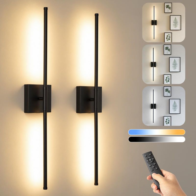 Photo 1 of **MISSING REMOTE**32" Battery Operated Wall Sconces Set of 2, Rechargeable Wall Lamps with Remote Control, Dimmable 3000K–6000K & Touch/Remote Control, Magnetic Linear Wireless Wall Scone Decor for Living Room Bedroom
