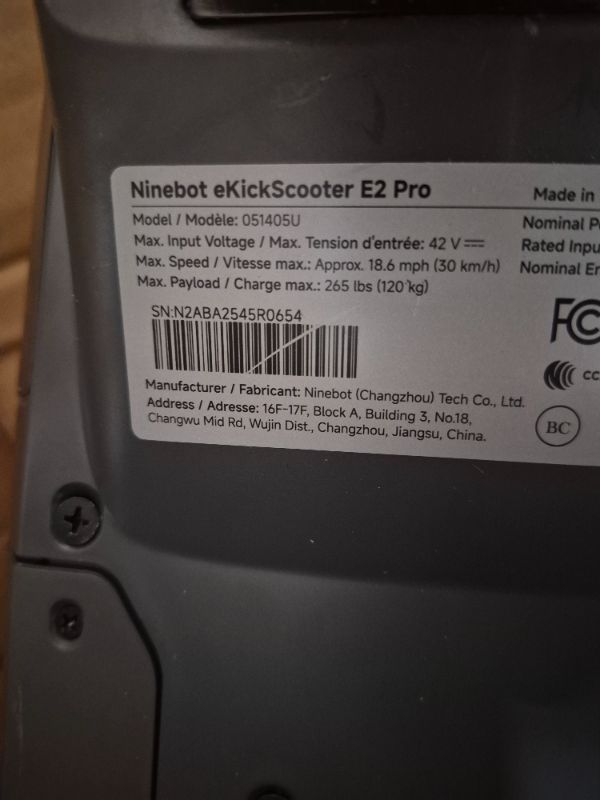 Photo 1 of **PARTS ONLY, ERROR CODE**NOT FUNCTIONING, MISSING CHARGER************
Segway Ninebot E2 Pro Electric Kick Scooter, 15.5 mph Max Speed, 24.9-Mile Range, Power by 350W Motor, Cruise Mode, UL-2272 Certified