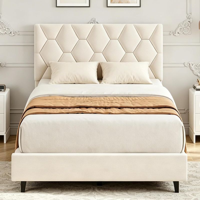 Photo 1 of *** SEE COMMENTS***RETAIL $116.98***    Garvee Twin XL Size Bed Frame, Platform Bed Frame with Upholstered Adjustable Headboard, Mattress Foundation with Strong Wooden Slats Support, No Box Spring Needed, Noise Free, Easy Assembly, Beige