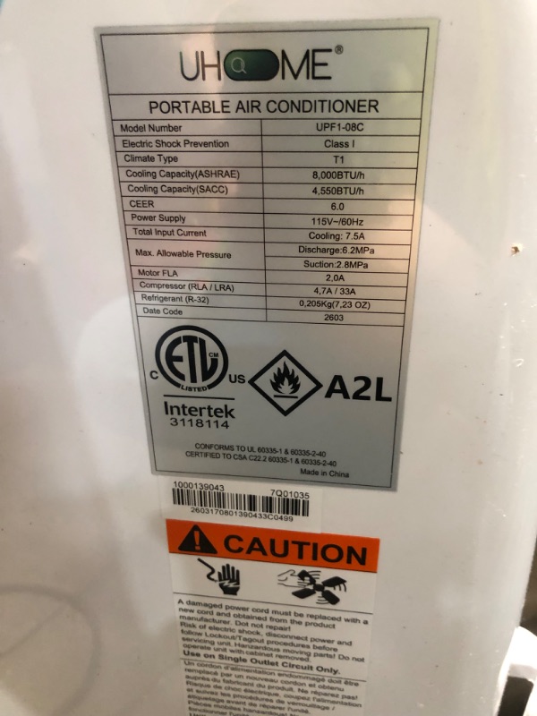 Photo 1 of **Missing some accessories**Uhome Portable Air Conditioner, 8000 BTU Compact AC Unit with Cooling, Dehumidifier, Fan, Remote Control and Window Mount Kit Included, White