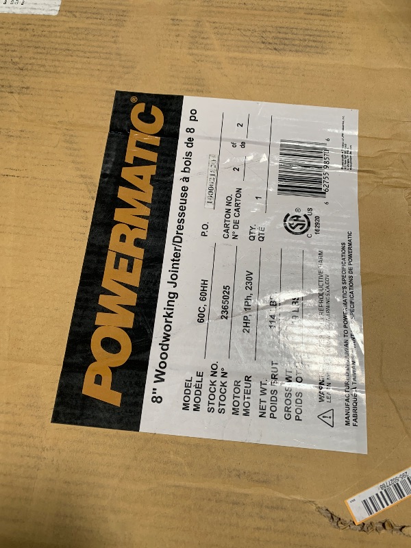 Photo 1 of ****PARTIAL SET *** Powermatic 8-Inch Jointer, Helical Cutterhead, 2 HP, 230V 1Ph (Model 60HH)