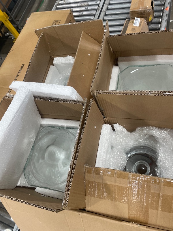Photo 1 of *** CHECK COMMENTS***      Tiangrid 4 Pack 5 Gallon Glass Water Drink Dispenser for Party, Hammered Glass Beverage Dispenser, Jug Container with Stainless Steel Spigot for Parties, Weddings, Catering, Lemonade, Iced Tea