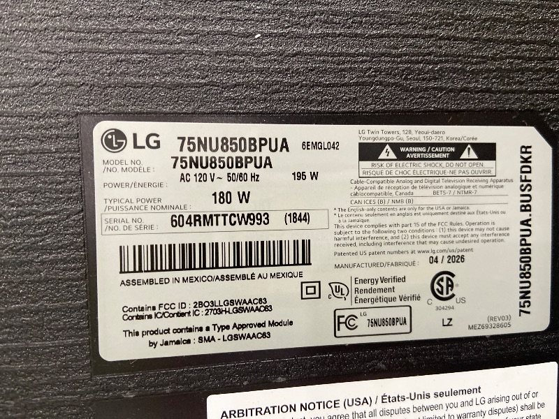 Photo 1 of ***DAMAGED** LG 75-Inch Class Nano AI 4K NU85 Series Smart TV w/AI Sound Pro, HDR10, AI 4K Super Upscaling, Filmmaker Mode, Wow Orchestra, Compatible with Alexa (75NU850BPUA, 2026)