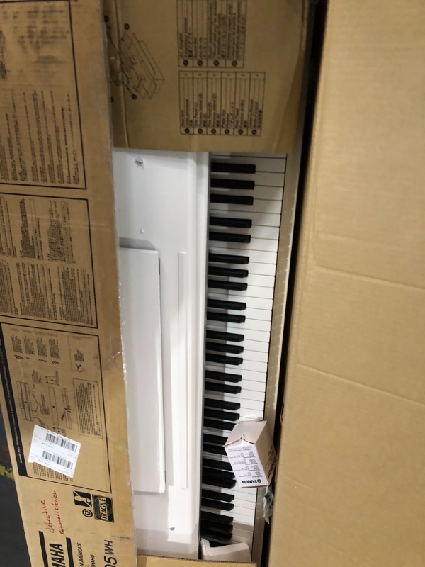 Photo 1 of ** For parts only, side panel is cracked and some keys get stuck ** Yamaha YDP105 88-Key Weighted Action Upright Digital Piano for Beginner and Intermediate Players, Dynamic Response, Grand Piano Sound, 3-pedal Unit, Upright Design, Bench Included, White