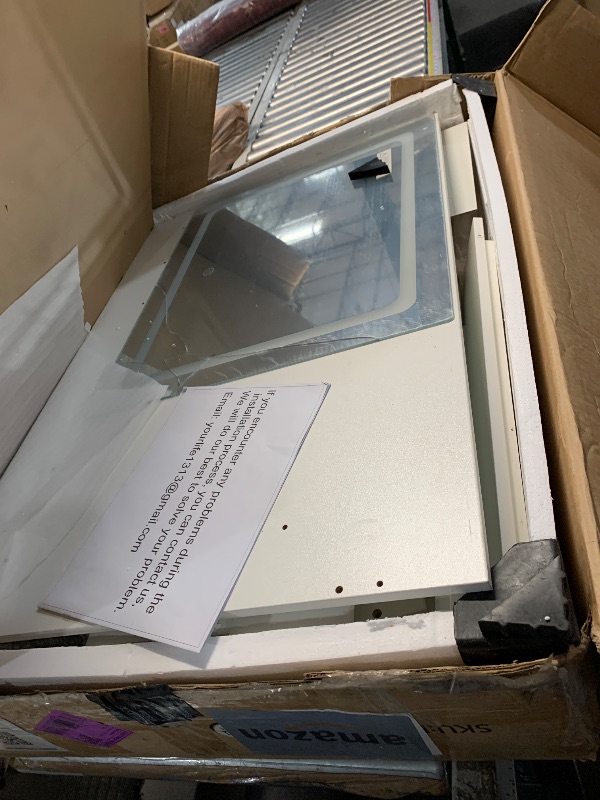 Photo 1 of ***DAMAGED - SEE NOTES/PICTURES*** LIVELYGLOW Makeup Vanity Desk with Smart LED Mirror & Charging Station, 35.4" White Vanity Table Set with Cushioned Stool, 4 Drawers & Hairdryer Rack, Modern Bedroom Dressing Table-White
