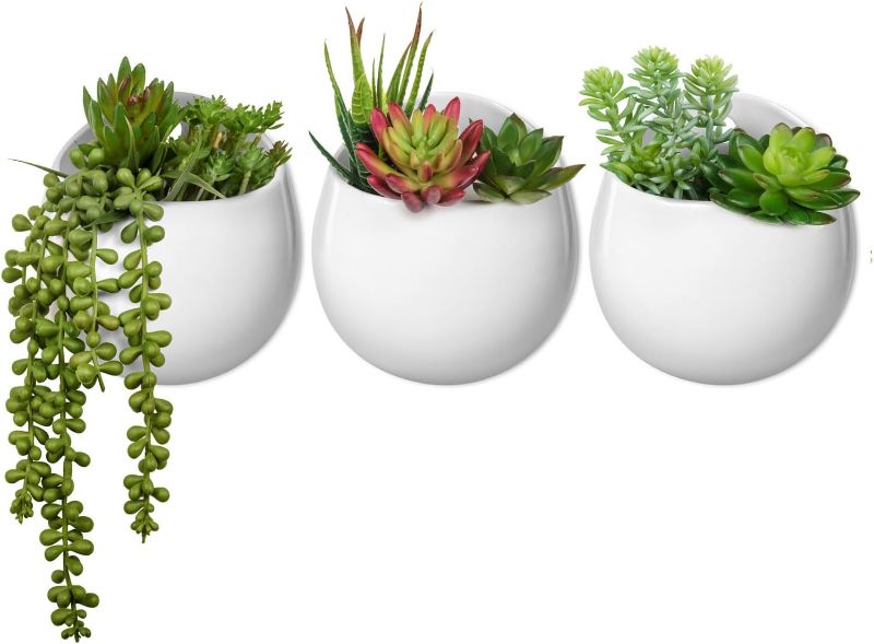 Photo 1 of **MISSING ONE POT** Mkono Wall Planter with Artificial Plants, Decorative Potted Fake Succulents Picks Assorted Faux Succulent in Modern Ceramic Hanging Plant Pot Vase for Home Decor, Set of 3