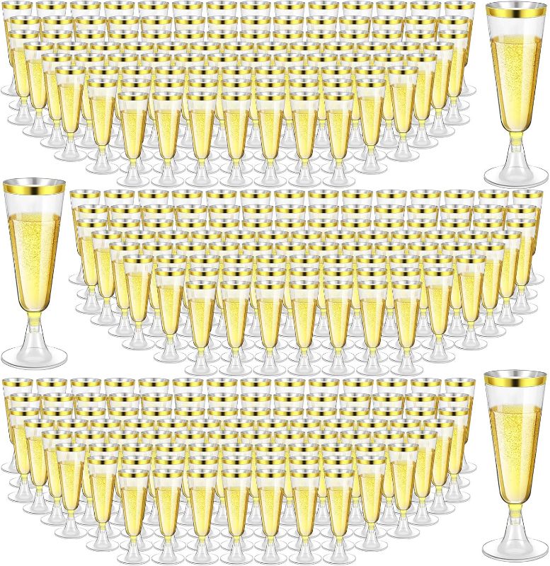 Photo 1 of Gerrii 300 Pcs Plastic Champagne Flutes Bulk, 4.5 oz Clear Disposable Champagne Flutes, Rimmed Toasting Glasses for Wedding Birthday Anniversary Celebration Party Wine(Gold Rim)