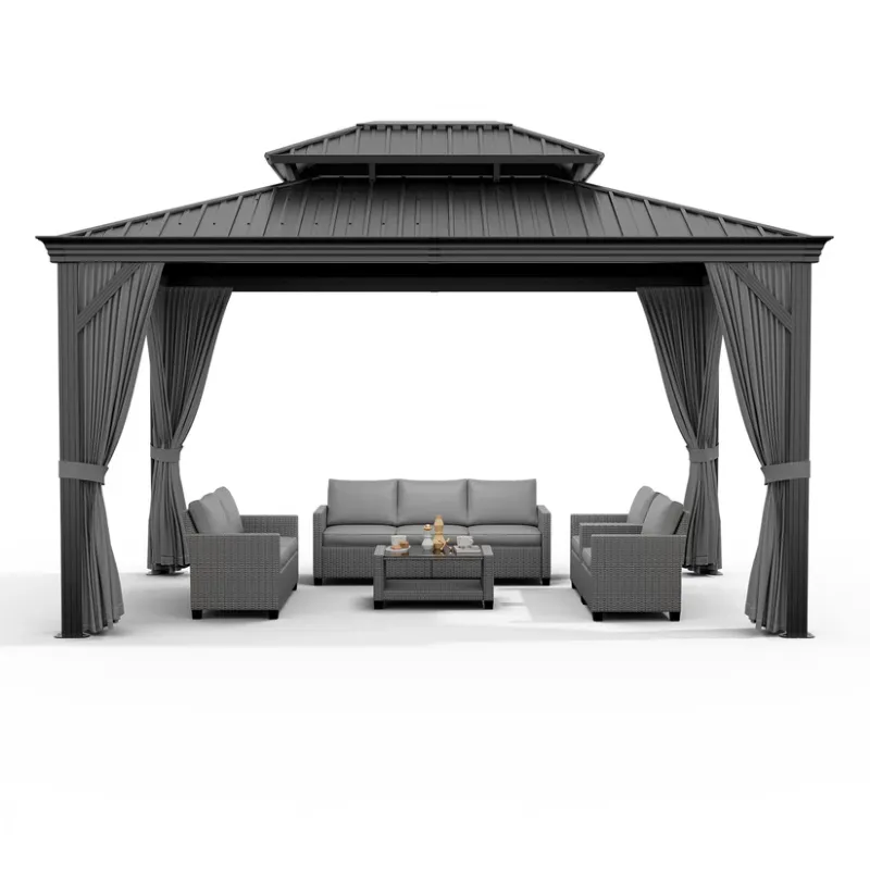Photo 1 of Garvee 12' x 16' Hardtop Gazebo, Double Metal Roof, Aluminum Frame Outdoor Pavilion with Curtains & Mosquito Netting for Patio, Backyard & Garden, Black/Gray
