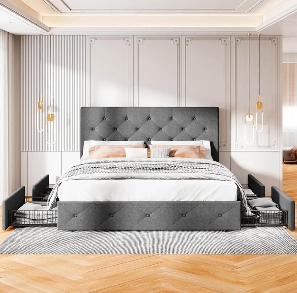 Photo 1 of Allewie Upholstered Queen Size Platform Bed Frame with 4 Storage Drawers and Headboard, Square Stitched Button Tufted, Mattress Foundation with Wooden Slats Support, No Box Spring Needed, Light Grey
