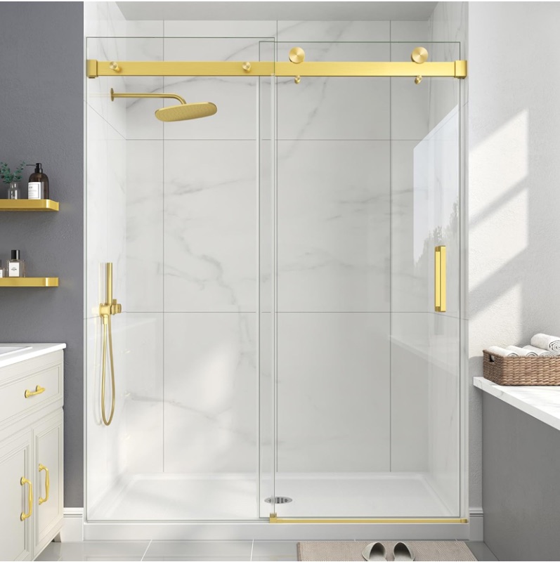 Photo 1 of Frameless Shower Door, 61-66" W x 76" H Sliding Glass Shower Door, 1/4''(6mm) SGCC Tempered Glass with Explosion-Proof Film Nano Coating in Brushed Gold Finish