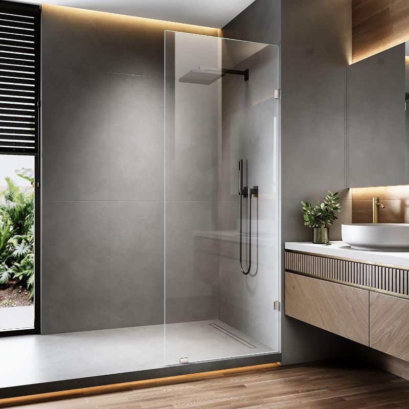 Photo 1 of 30.5" x 78.75" Shower Glass Panel, 3/8" (10mm) Ultra-Clear Tempered Glass with Explosion-Proof Film Shower Screen, Includes Wall Clamps