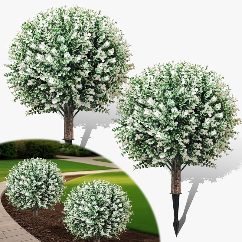 Photo 1 of 24.5" Artificial Boxwood Topiary Ball Trees with Spikes – Fake Bushes Shrubs 2 Pack