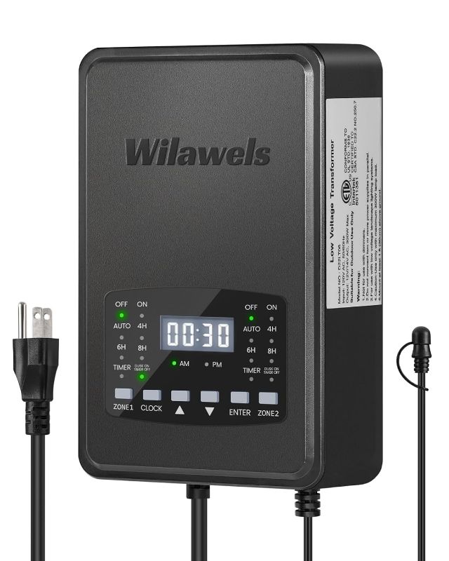 Photo 1 of 300W Low Voltage Landscape Transformer, 2 Zone Independent Control Landscape Lighting Transformer, 120VAC to 12/14V AC Low Voltage Transformer with Timer & Photocell Sensor ETL Listed D22LT06

