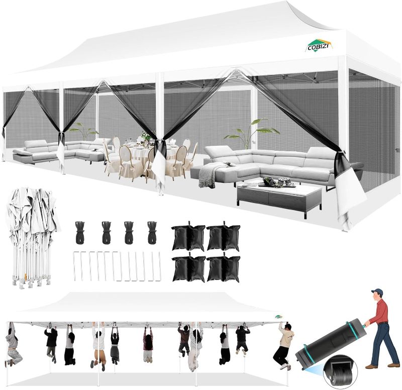 Photo 1 of COBIZI 10x30 Canopy Tent with 8 Sidewalls,Heavy Duty Pop up Canopy Party Tent with Mosquito Netting,Easy up Screen Canopy for Parties Wedding Outdoor Patio with Roller Bag,Sandbag,White
